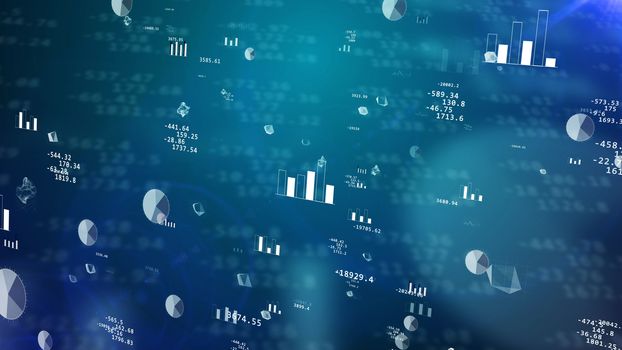 Impressive 3D rendering of stock exchange values with sparkling pie charts, histograms, bar charts, decimal digits, various  figures, balls. The dark blue background has a number of shadows