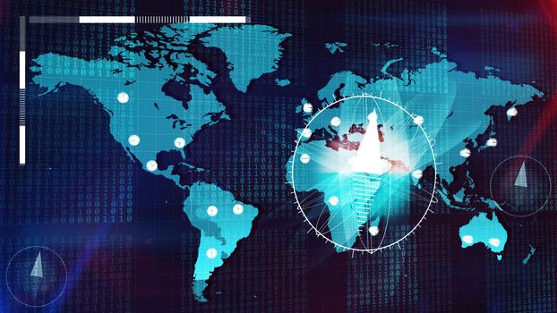 Futuristic 3D rendering of the light blue world Internet atlas shot aslant with a lot of columns of bits from one and zero numbers, white clocks, two small compasses, in the dark blue background