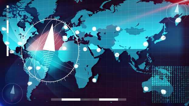 Amazing 3d rendering of the Internet map in light blue colors with white clock faces with arrows and  compass dials on it and a some bits. The map is covered with a blue longitutes and latitudes