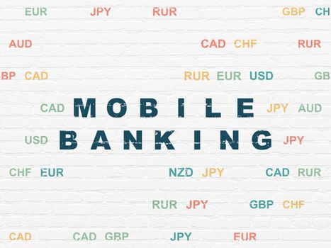 Money concept: Painted blue text Mobile Banking on White Brick wall background with Currency