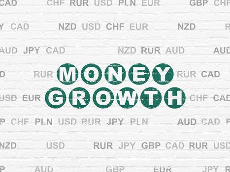 Banking concept: Painted green text Money Growth on White Brick wall background with Currency