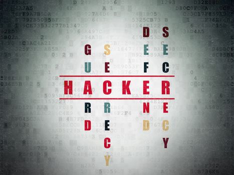 Protection concept: Painted red word Hacker in solving Crossword Puzzle on Digital Data Paper background