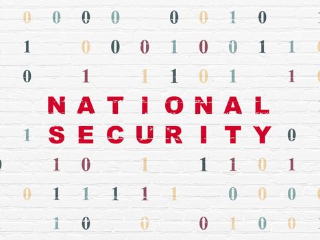 Security concept: Painted red text National Security on White Brick wall background with Binary Code