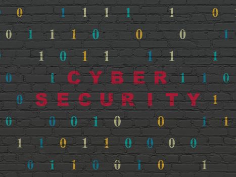 Privacy concept: Painted red text Cyber Security on Black Brick wall background with Binary Code