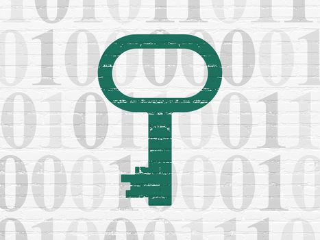 Safety concept: Painted green Key icon on White Brick wall background with  Binary Code