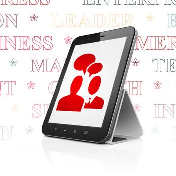 Business concept: Tablet Computer with  red Business Meeting icon on display,  Tag Cloud background, 3D rendering