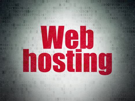 Web development concept: Painted red word Web Hosting on Digital Data Paper background