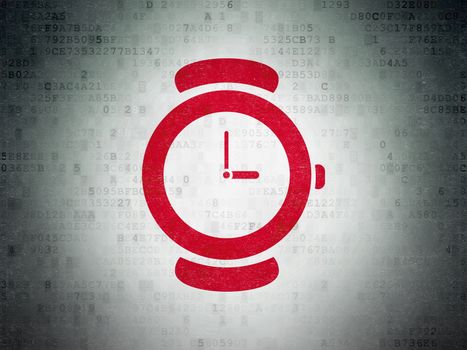 Time concept: Painted red Hand Watch icon on Digital Data Paper background