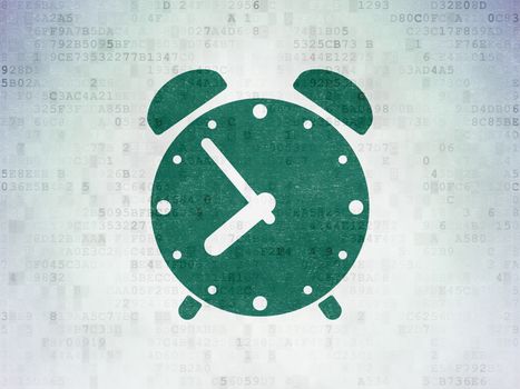 Timeline concept: Painted green Alarm Clock icon on Digital Data Paper background