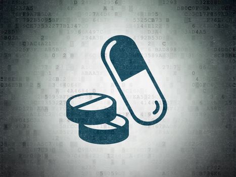 Health concept: Painted blue Pills icon on Digital Data Paper background