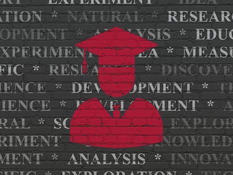 Science concept: Painted red Student icon on Black Brick wall background with  Tag Cloud