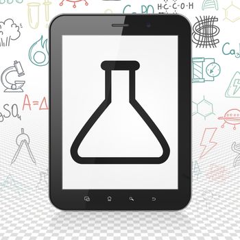 Science concept: Tablet Computer with  black Flask icon on display,  Hand Drawn Science Icons background, 3D rendering