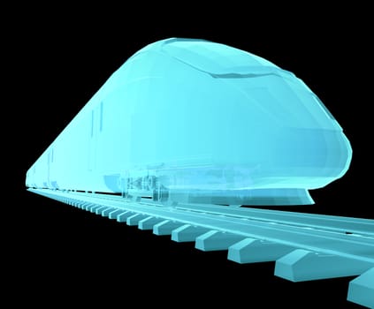 Glow blue high-speed train on black background. 3d illustration