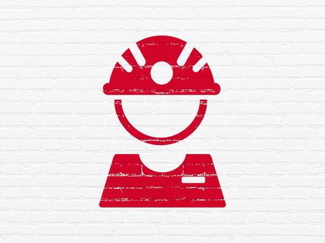 Manufacuring concept: Painted red Factory Worker icon on White Brick wall background