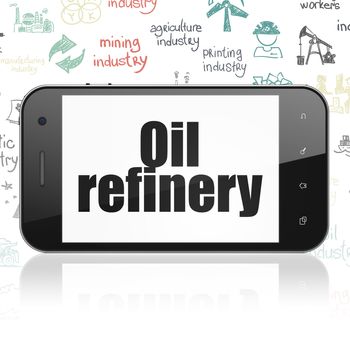 Industry concept: Smartphone with  black text Oil Refinery on display,  Hand Drawn Industry Icons background, 3D rendering
