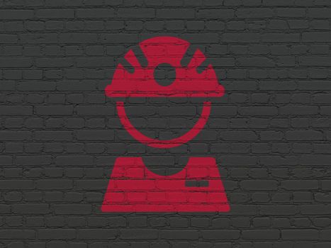 Industry concept: Painted red Factory Worker icon on Black Brick wall background