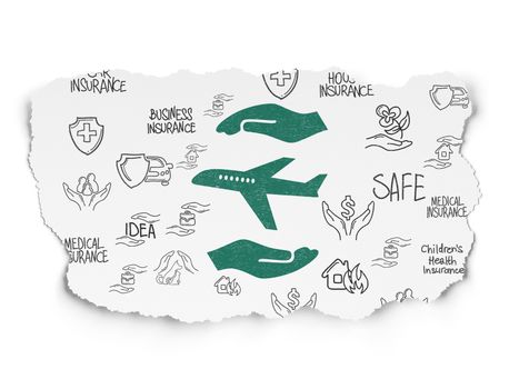 Insurance concept: Painted green Airplane And Palm icon on Torn Paper background with  Hand Drawn Insurance Icons