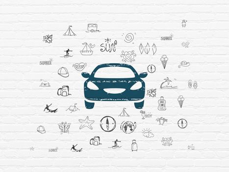 Tourism concept: Painted blue Car icon on White Brick wall background with  Hand Drawn Vacation Icons