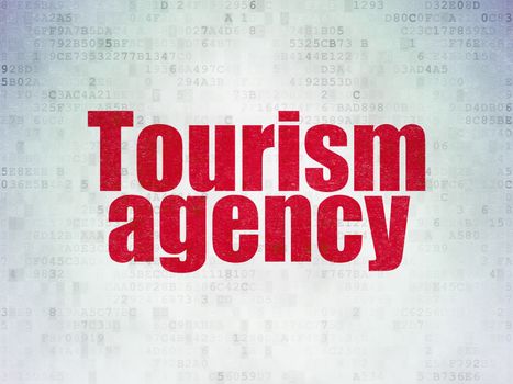 Travel concept: Painted red word Tourism Agency on Digital Data Paper background