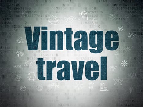 Vacation concept: Painted blue text Vintage Travel on Digital Data Paper background with  Hand Drawn Vacation Icons