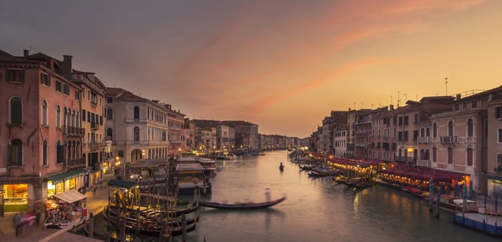 Sunset at Grand Canal, Venice. View from Ponte di Rialto.