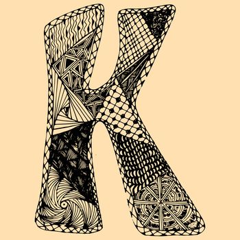 Sketchy letter K on light background. Free hand drawn. illustration.