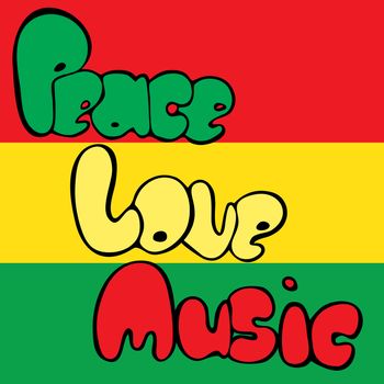 Design of Peace, Love and Music in bubble style in green, yellow and red colors.
