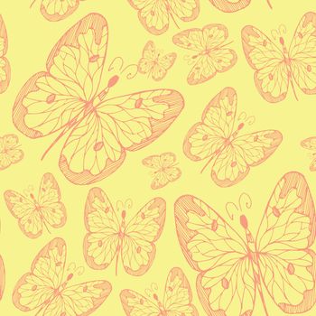 Seamless abstract pattern background with flying hand drawn butterflies. Design for textile or paper.