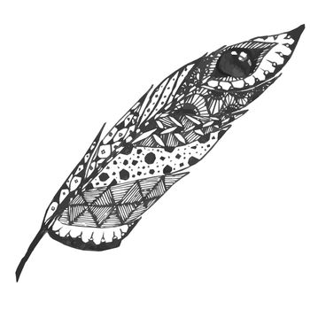 Hand drawn doodle zentangle feather isolated from background. Black and white illustration.