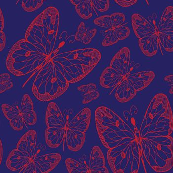 Seamless abstract pattern background with flying hand drawn butterflies. Design for textile or paper.