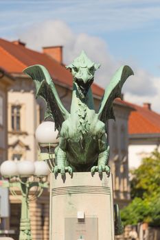 Famous Dragon bridge, Zmajski most, symbol of Ljubljana, capital of Slovenia, Europe.