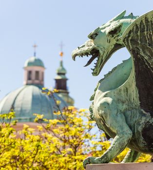 Famous Dragon bridge, Zmajski most, symbol of Ljubljana, capital of Slovenia, Europe.