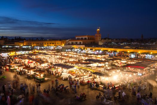 Jamaa el Fna market square at dusk, Marrakesh, Morocco, north Africa. Jemaa el-Fnaa, Djema el-Fna or Djemaa el-Fnaa is a famous square and market place in Marrakesh's medina quarter.