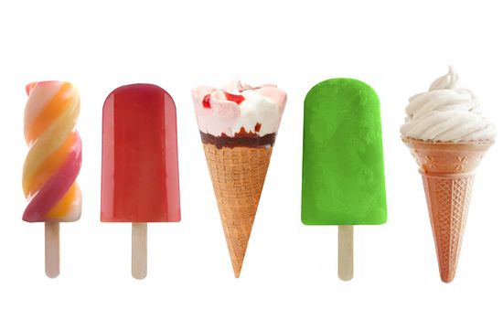 Set of five frozen lollies and icecream over a white background