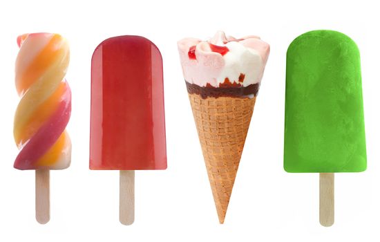 Set of four frozen lollies and icecream over a white background