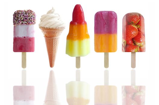 Five assorted icecream and frozen lollies over a white background
