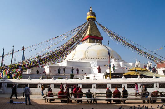 the famous buuha eye gazing out sleepily from each side of the tower are those of the all seeing primordial buddha.perched a top a hill on the western edge of the kathmandu valley.