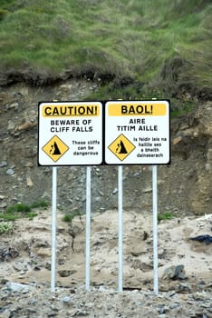 beware of cliff falls signs on ballybunion beach in county kerry ireland