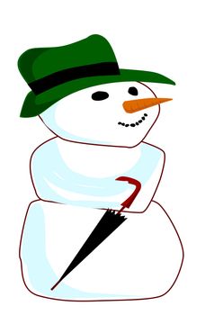 A snowman with hat and umbrella isolated over a white background.