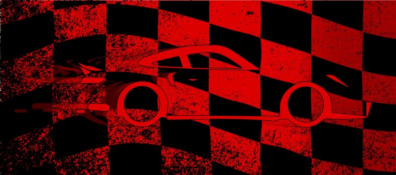 A dirty red and black grunge fx chequered race flag with a fast car