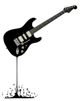 A black rock guitar melting down with musical notes spashing around at the base.