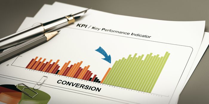 Paper sheet with conversion rates statistics and rapid performance, 3D illustration.