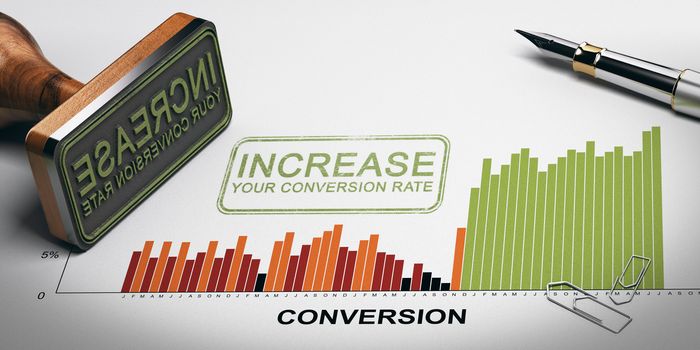 Paper sheet with conversion rates statistics, rubber stamp and slogan with the text increase your conversion rate. 3D illustration.