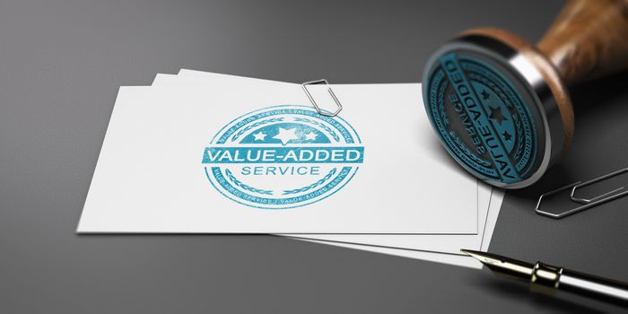 Value added stamp printed on a card with office supplies. 3D illustration.