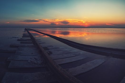 Beauty sunset on salty lake in Altay, Siberia, Russia