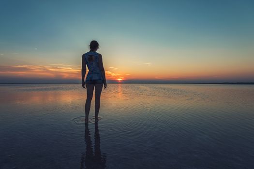 Beauty sunset on salty lake in Altay, Siberia, Russia