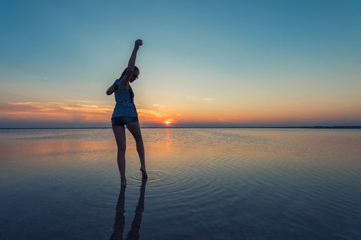 Beauty sunset on salty lake in Altay, Siberia, Russia