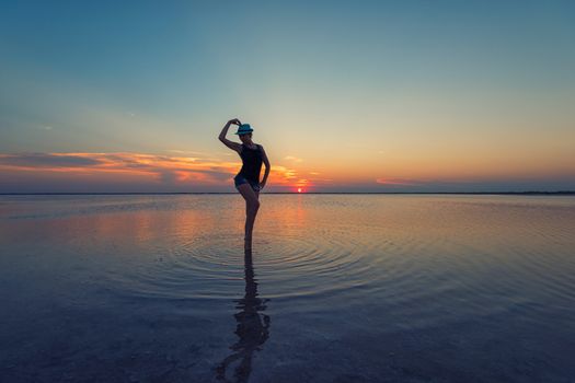 Beauty sunset on salty lake in Altay, Siberia, Russia