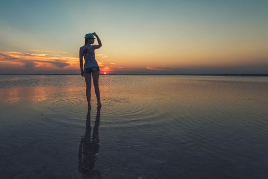 Beauty sunset on salty lake in Altay, Siberia, Russia