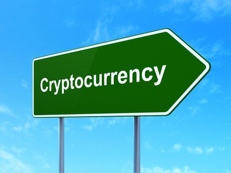 Information concept: Cryptocurrency on green road highway sign, clear blue sky background, 3D rendering